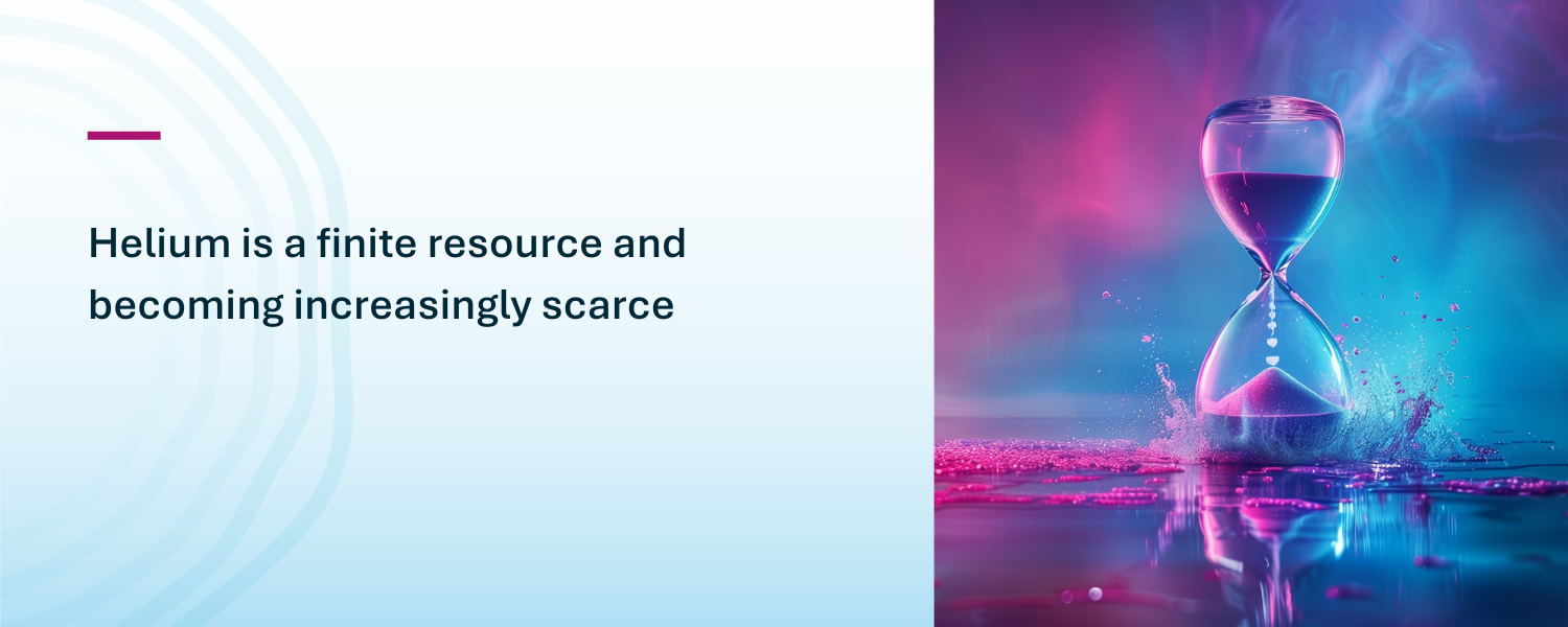 Helium is a finite resource and becoming increasingly scarce blog banner—AI-generated conceptual image of an hourglass surrounded by gas vapour with a pink and blue background.